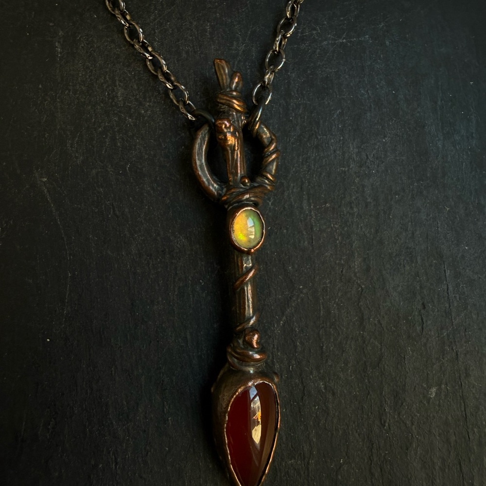 Opal and carnelian  Pendant Necklace copper witchy necklace jewelry handmade